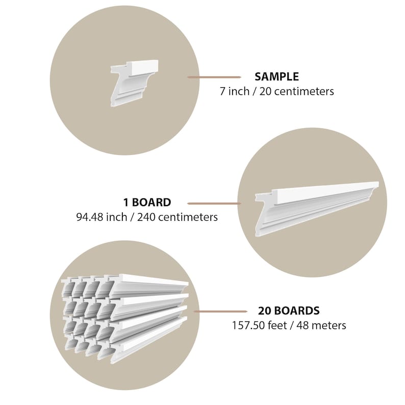 May include: White crown molding trim, shown in three sizes: a 7 inch sample, a 94.48 inch board, and a stack of 20 boards measuring 157.50 feet.