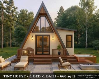Modern A-Frame Cabin Plans 22x26, 1 Bedroom Loft Home, 660 Sq Ft Tiny House Blueprint, Vacation Cabin Design with Front Deck