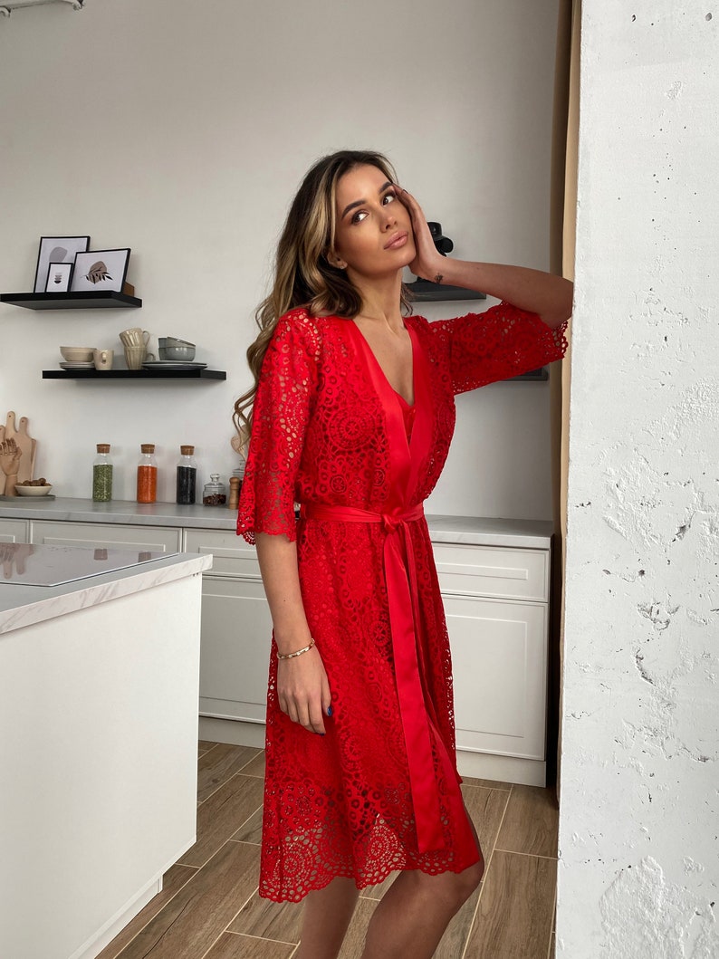 Red Bridal Pajama Set Boudoir Bridesmaid Lace Nightgown Robe Peignoir