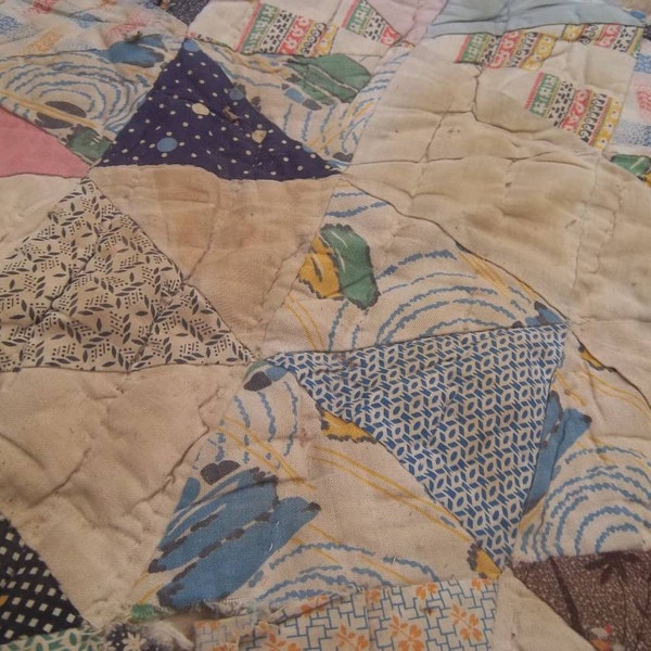 Vintage PRIMITIVE  TRIANGLES   QUILT scrap  repurpose  1