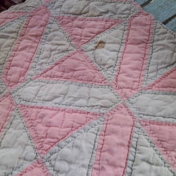 Vintage shabby chic  PIN&BLUE   QUILT scrap repurpose 1