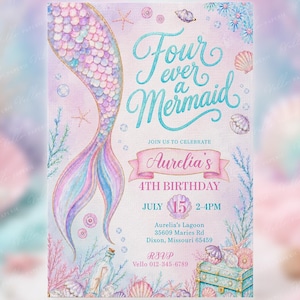 FOUR ever a Mermaid Fourth Birthday Invitation, Editable 4th Mermaid Party Canva Template, 5x7 MD01