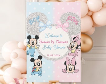 Minnie Mickey Mouse Baby Shower Welcome Sign | Editable Printable Blue Pink Baby Shower Party Decor | Boy or Girl Gender Reveal Sign MBS01