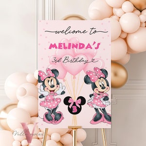 Self Edit Any Age Minnie Mouse Birthday Welcome Sign | Glitter Pink Polkadot Minnie Party Decor Sign | Balloon Minnie Pink Sign  MMB02