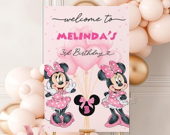 Letrero de bienvenida de cumpleaños de Minnie Mouse para cualquier edad, autoeditable, con lunares rosas brillantes, decoración para fiesta de Minnie, letrero rosa con globos de Minnie MMB02