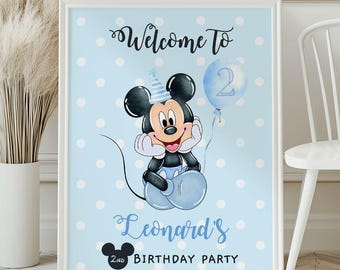Editable ANY AGE Mickey Mouse Birthday Welcome Sign | Watercolor Blue White Polkadot Boy Party Decor Sign | Blue Mickey Sign BMB01