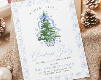 May include: A Christmas party invitation with a watercolor illustration of a Christmas tree in a blue and white vase. The invitation has a blue floral border and text that reads "A Merry Little Christmas Party".
