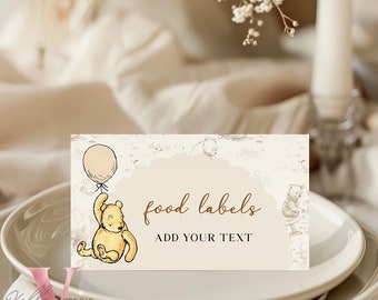 Klassisk Nalle Puh-matetikett för babyshower eller födelsedag | Redigerbar utskrivbar beige Toile de Juoy, liten hundfestgåvor, dekoration WTP01