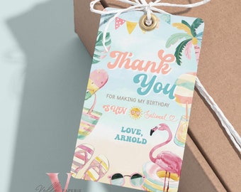 May include: A colorful thank you tag with a pink flamingo, palm trees, sunglasses, and flip flops. The text reads "Thank You for making my birthday sun-sational. Love, Arnold."