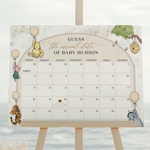 Bearbeitbarer Winnie the Pooh Ballon-Babyparty Fälligkeitskalender | Beigefarbener Toile de Juoy, Geburtstagsparty Dekoration, Geburtstagsparty Dekor WTP03