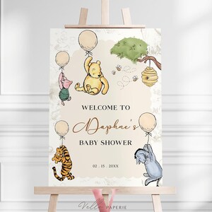 Editable Classic Winnie the Pooh Baby Shower or Birthday Welcome Sign | Printable Beige Toile de Juoy, Little Hunny Party Decor Sign WTP01