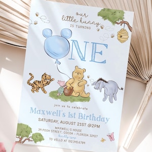 Classic Winnie the Pooh First Birthday Invitation | Editable Winnie The Pooh 1st Birthday Party Invite | Blue Balloon Pooh and Friends
