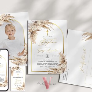 May include: A set of baptism invitations with a beige and gold color scheme. The invitations feature a floral design with a cross and the text "Please join us for the Baptism of our son, Gary Lue, Saturday, October 21, 2023, at 10:00 AM, Bohemian Church, 31 Church St, King Mountain, NC, Branch St, follow as Lauren Residence, 605 Monroe St, King Mountain, NC, RSVP to 704-342-4709".