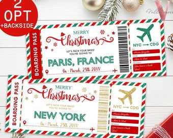 May include: Two Christmas-themed boarding passes with red and green accents. One pass reads "Paris, France" and the other "New York." Both feature the text "Merry Christmas" and a stylized airplane graphic. The background includes holiday decorations.