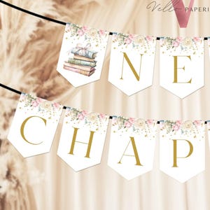 May include: A banner with the words "NEW CHAPTER" in gold lettering. The banner is decorated with floral and book illustrations. The background features a beige curtain and dried plants, creating a soft, elegant aesthetic.