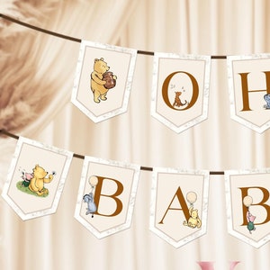 Globos de Winnie the Pooh editables para baby shower o cumpleaños. Guirnaldas. Toile de Juoy beige imprimible, pancarta Bearly Wait, banderín. WTP03