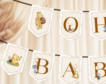 Editable Winnie the Pooh Balloons Baby Shower or Birthday Garlands | Printable Beige Toile de Juoy, Bearly Wait Banner, Bunting Flag WTP03