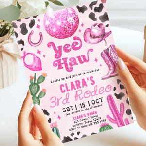 Editable Any AGE Space Cowgirl Birthday Invitation | Pink Disco Cowgirl Party Invite | Girl Rodeo Disco Western Nashville Party Template
