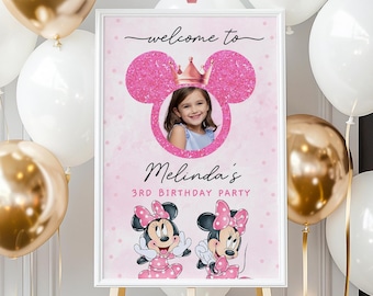 Editable Minnie Mouse Birthday Welcome Sign with Photo | Pink Polkadot Party Decor with Mouse Head (Digital Download)