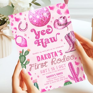 Editable Any AGE Space Cowgirl Birthday Invitation | Pink Disco Cowgirl Party Invite | Girl Rodeo Disco Western Nashville Party Template