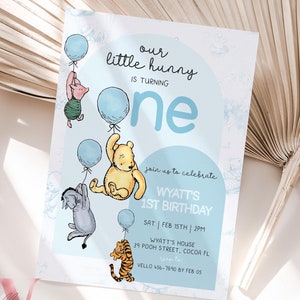 Classic Winnie the Pooh First Birthday Invitation | Editable Winnie The Pooh 1st Birthday Party Invite | Blue Balloon Pooh Toile de Juoy