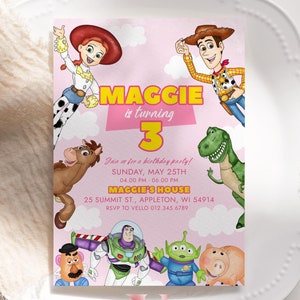 Any Age Pink TOY Story Birthday Invitation | Watercolor Toy Story Girl Theme Colorful Birthday Party Invite | Buzz Woody  TSB01