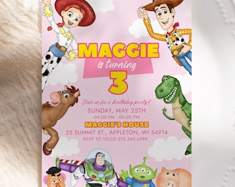 Any Age Pink TOY Story Birthday Invitation | Watercolor Toy Story Girl Theme Colorful Birthday Party Invite | Buzz Woody  TSB01