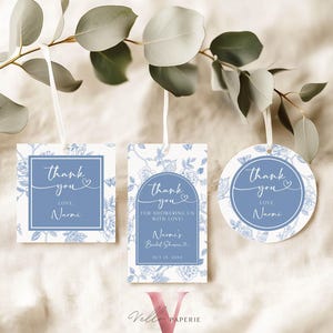 Etiqueta de recuerdo para despedida de soltera "Algo azul antes de hacerlo" / Etiqueta redonda de Toile de Juoy azul / Etiqueta de regalo para futura novia azul vintage Arch SBB01