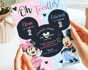 Invitación de cumpleaños conjunta de Mickey y Minnie Mouse / Invitación para fiesta de acuarela con gemelos de lunares / Segunda invitación instantánea BMB10