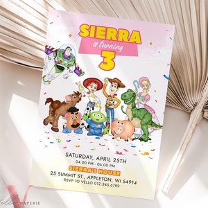 Any Age Pink TOY Story Birthday Invitation | Watercolor Toy Story Girl Theme Colorful Birthday Party Invite | Buzz Woody Jessie