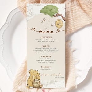 Menù per baby shower o compleanno classico di Winnie the Pooh / Toile de Juoy beige, modificabile e stampabile, bomboniere per piccoli amici, decorazioni WTP01