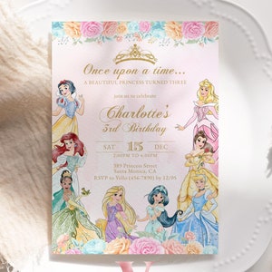 Convite para festa de aniversário editável e imprimível Once Upon a Time | Convite de princesa aquarela para qualquer idade | Festa de princesa rosa ouro rosa PB02