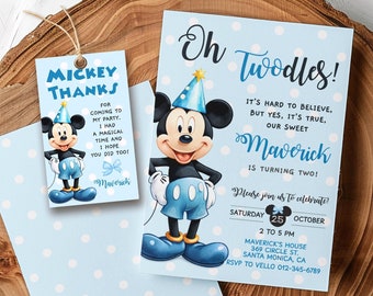 Self Editable Oh Twodles Mickey Mouse Birthday Invitation | Watercolor Blue Mickey Birthday Party Invite | Mickey Twodles Instant Download