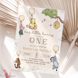 Klassieke Winnie de Poeh ELKE LEEFTIJD/eerste verjaardagsuitnodiging | Winnie de Poeh-verjaardagsuitnodiging bewerken | Beige ballon Toile de Juoy WPB01