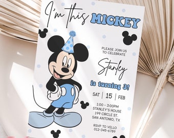 Modern ANY AGE I'm This Mickey Mouse Birthday Invitation | White Black Blue Minimalist Mickey Birthday Party Invite | Mickey Birthday