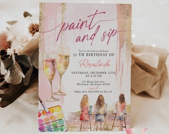 Blush Rose Gold Paint and Sip Party Invitation | Editable Adult Champagne Art Party | Wine Birthday Wine Invitation | Creative Drink Party