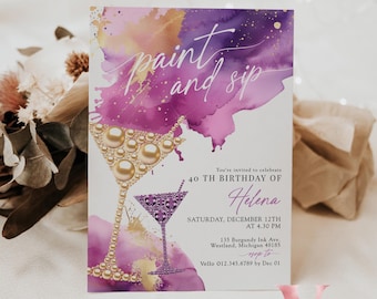 Purple Gold Sparkle Paint and Sip Party Invitation | Editable Adult Champagne Art Party | Wine Birthday Wine Invite| Creative Drink Party