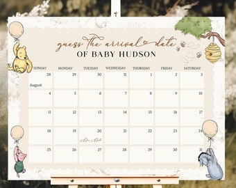 Editable Classic Winnie the Pooh Baby Shower Due Date Calendar | Printable Beige Toile de Juoy, Little Hunny Party Decor, Arrival Date WTP01