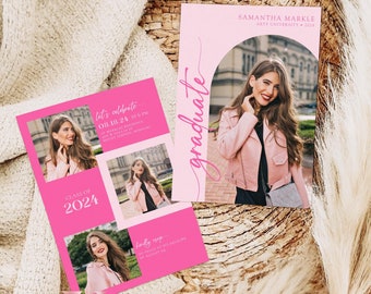 May include: Pink graduation announcements with photos and text. One card features the word "graduate" in cursive. The other card says "Class of 2024" and "let's celebrate" with event details. The announcements are on a textured surface.