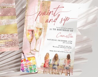Blush Rose Gold Paint and Sip Party Invitation | Editable Adult Champagne Art Party | Wine Birthday Wine Invitation | Creative Drink Party