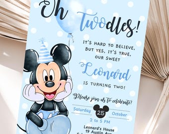 Invitación de cumpleaños editable de Mickey Mouse Oh Twodles / Invitación a fiesta de Mickey con lunares azules y blancos en acuarela / Segunda invitación instantánea (plantilla BMB01)