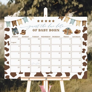 Calendario modificabile della data di nascita per il baby shower in stile cowboy / Calendario per indovinare la data di nascita del bambino in stile selvaggio West / Gioco per feste di compleanno per bambini in stile rodeo western CBB01