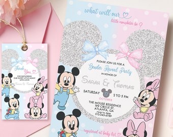 Minnie Mickey Baby Shower Invitation | Editable Printable Blue Pink Baby Shower Party Invite | Mouseketeer Gender Reveal Party Invite MBS01