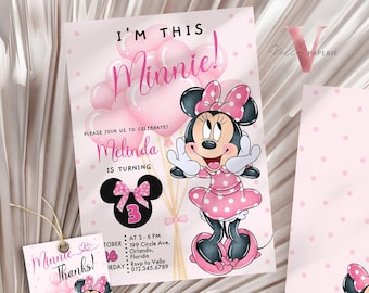 Any Age I'm this Minnie Mouse Birthday Invitation | Editab;e Light Pink Polka Dot Invite, Small Girl Birthday Party Instant Download  MMB02