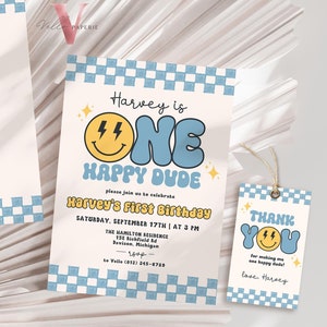 Blue Smile One Happy Dude Birthday Invitation | Editable Retro One Happy Dude First Birthday Party Invite | Emoji Face | Lighting Bolt Smile