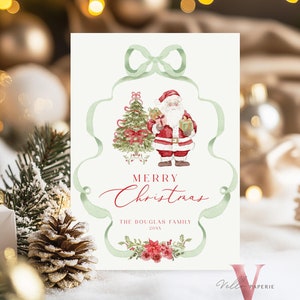 Carte de voeux de Noël grand-millénaire imprimable modifiable | de Carte de voeux joyeux Noël aquarelle | Carte Pour Les Fêtes Père Noël avec noeud vert BCPF1
