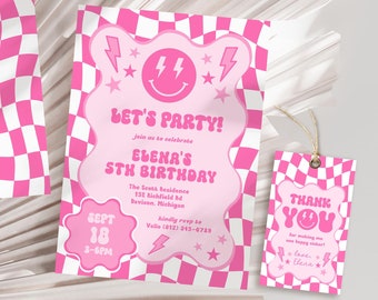 Pink Smile Face Groovy Birthday Invitation | Editable Retro Happy Face Any Age Birthday Party Invite | Emoji Face Lighting Bolt Smile PSG01