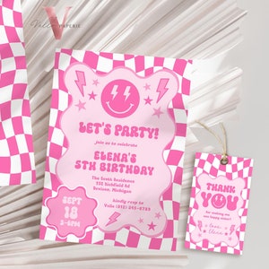 Pink Smile Face Groovy Birthday Invitation | Editable Retro Happy Face Any Age Birthday Party Invite | Emoji Face Lighting Bolt Smile PSG01