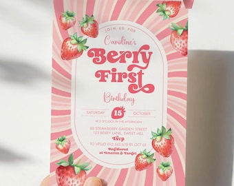 Fille d'invitation de premier anniversaire FRAISE | Faire-part pour le premier anniversaire de la baie | Modèle modifiable fille d'été | Faire-part premier anniversaire rose