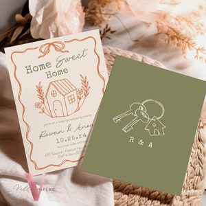 May include: A housewarming party invitation with a hand-drawn illustration of a house with a keyhole. The invitation is on a cream background with brown text and a brown ribbon. The text reads "Home Sweet Home" and "Rowan & Anon" with the date "10.25.24".